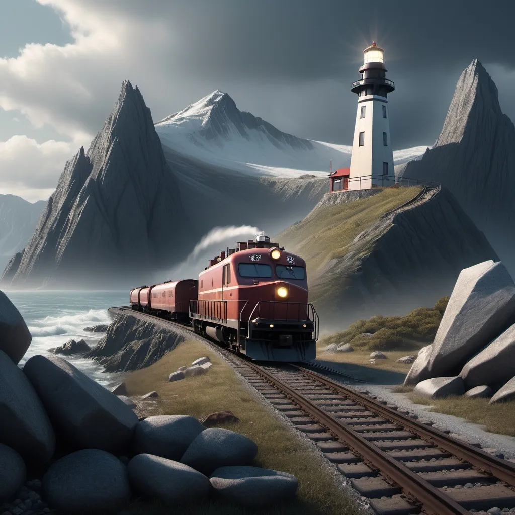 Prompt: a train track with a train on it and a lighthouse on top of it with a mountain in the background, Anne Rigney, environmental art, action scene, a detailed matte painting