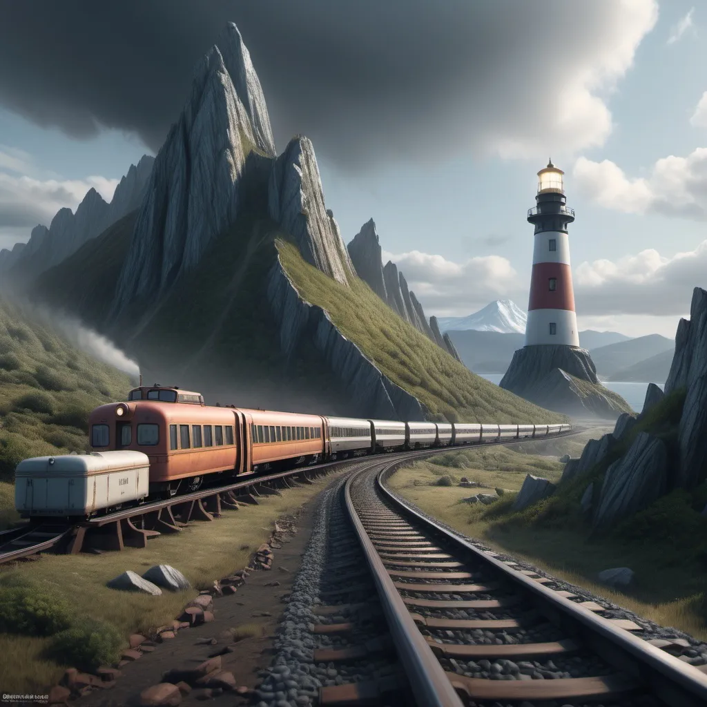 Prompt: a train track with a train on it and a lighthouse on top of it with a mountain in the background, Anne Rigney, environmental art, action scene, a detailed matte painting