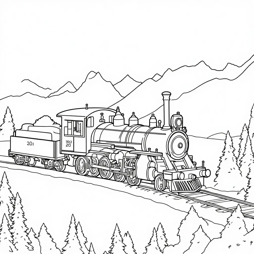 Prompt: Create a landscape colouring page with numbering for colour painting of a an old steam train driving through the mountains