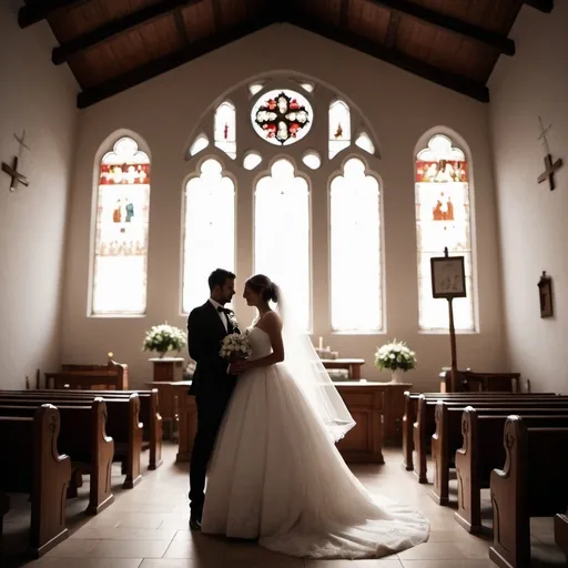 Prompt: A happy bride and groom like white silhouette in the church and put a following message in the backgroung like a title … “Only 6 month left” 