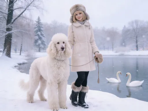 Prompt: A young woman wearing a Russian fur hat, a winter coat, and winter boots with fur trim. She wears black winter leggings tucked into the boots. She holds a hand muff, and a leash hangs from it. Beside her stands a large, elegant white standard poodle. The background is a snowy landscape with trees, a lake, and swans. The scene is romantic and serene, with falling snow.