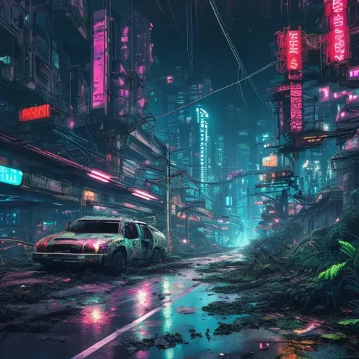Prompt: "Generate an AI image that combines elements of a cyberpunk cityscape with a lush, overgrown jungle, creating a futuristic, post-apocalyptic world where nature reclaims the urban landscape. The image should evoke a sense of contrast and harmony between the vibrant, organic growth and the decaying, neon-lit city infrastructure."