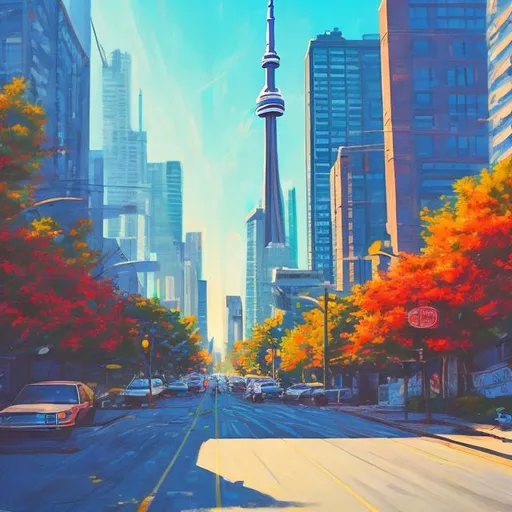 Prompt: Streets of Toronto, summertime, bright and beautiful, cinematic landscape, acrylic