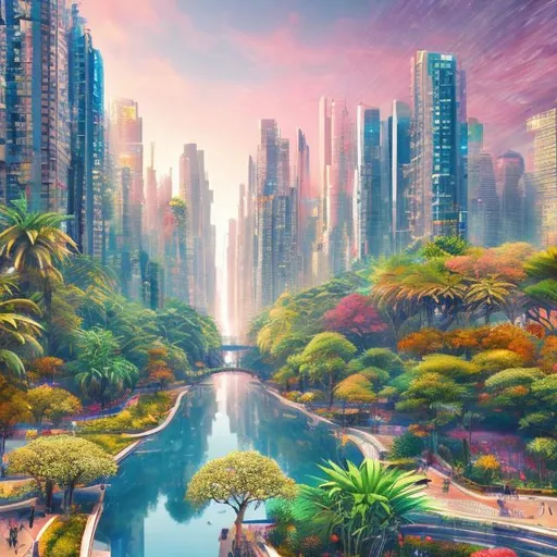 Prompt: "Generate an AI image that combines the vibrant energy of a bustling cityscape with the tranquility of a natural oasis, creating a harmonious and surreal urban-nature fusion."