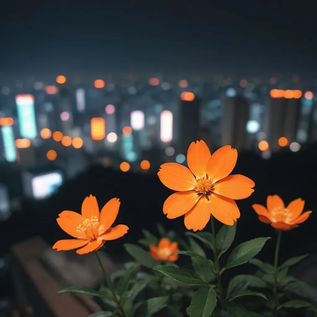 Prompt: orange, macro zoom , poster, lo-fi , indian city pop build background , more flower , no human , night tone but shining flower , more city pop japan in background
