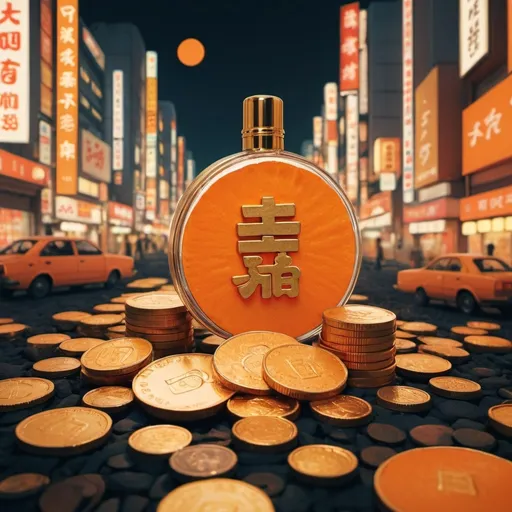 Prompt: orange, macro zoom , poster, lo-fi , japan city pop build background , more indian money, no human , night tone but lots of gold coin , more city pop perfumes in background
