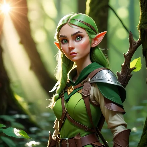 Prompt: Elf ranger in a mystical forest around sunlight