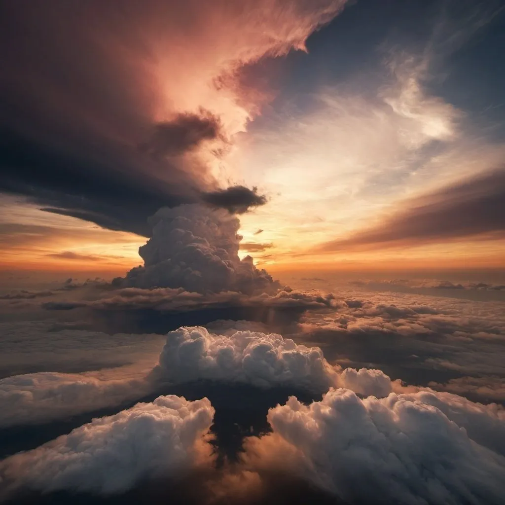 Prompt: a surreal end of the world sunset with thick clouds and shape of christ in the clouds