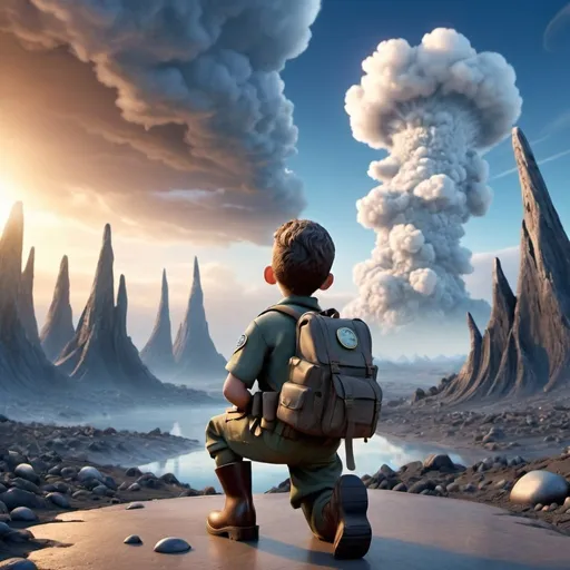 Prompt: soldier boy in a 3d pixar image with his backpack and boots kneeling looking at the sky surprised on a surreal background of the end of the world
