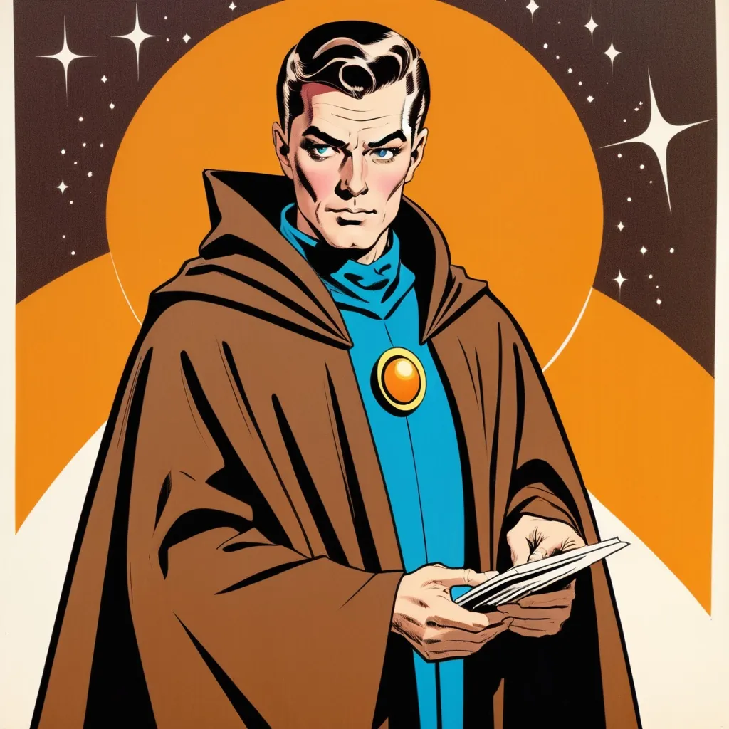 Prompt: Silk screen comic book illustration, male wizard wearing a robed mantle, brown pompadour haircut, pale, 1960s retro futurism