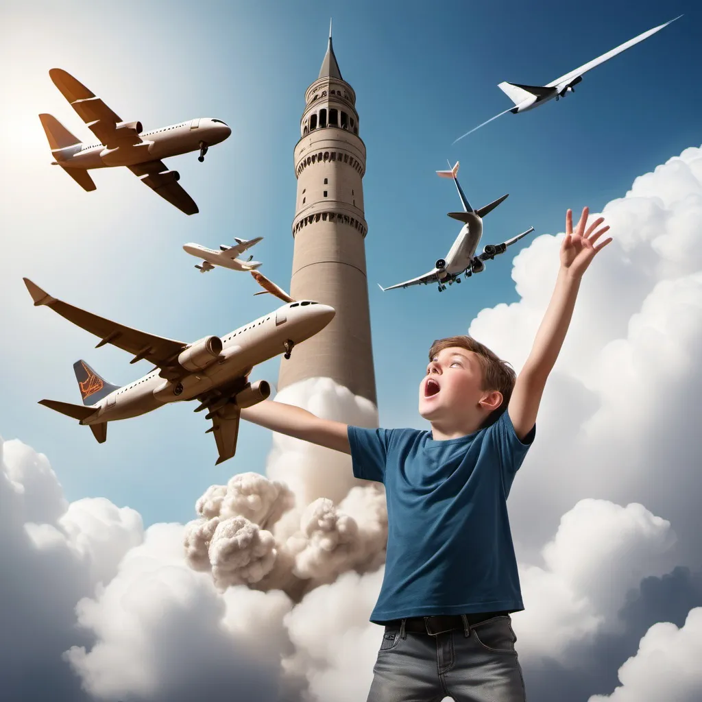 Prompt: a kid in middle school with a a airplanecrashing into a tower in a airplane