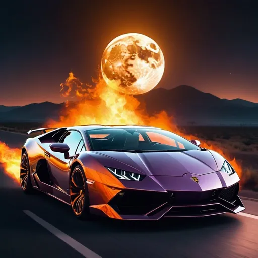 Prompt: give me a futuristic and shiny Lamborghini that has fire coming out of it and on a lonely road with the moon in the backround and fire swirling around it