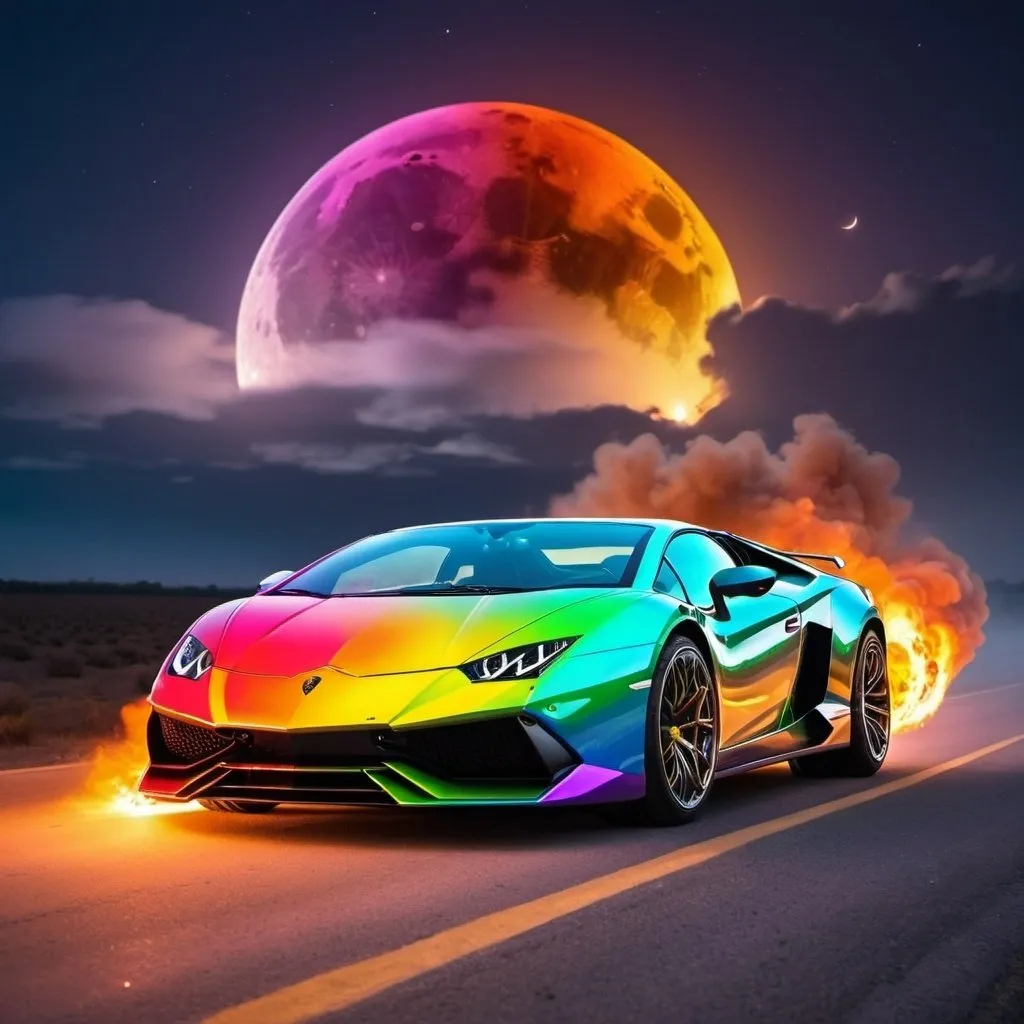 Prompt: give me a rainbow and shiny Lamborghini that has fire coming out of it and on a lonely road with the moon in the backround and fire swirling around it