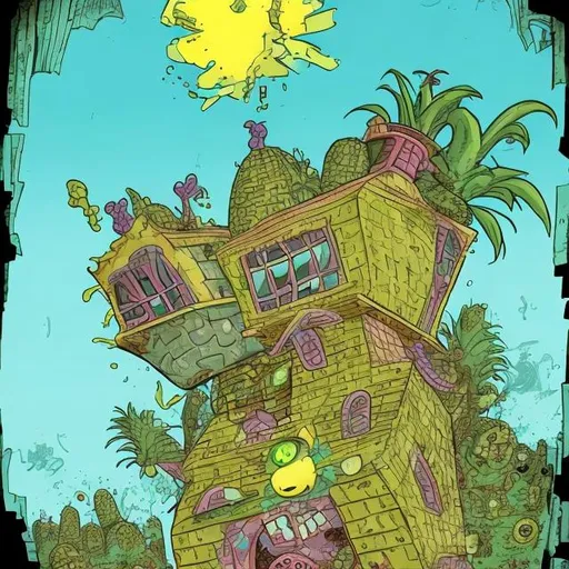 Prompt: sponge bob pineapple house is eaten by zombies and a flying cars around it and a died humans Patrick and carton style
