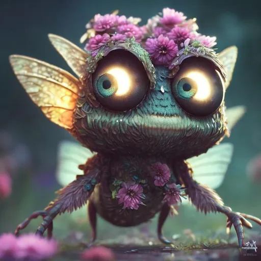 Prompt: A small fairy creature that looks like an anthropomorphic moth with a very dapper suit made of flowers. Furry, cute, big moth eyes, vibrant, realistic, fantasy, digital art, 4k
