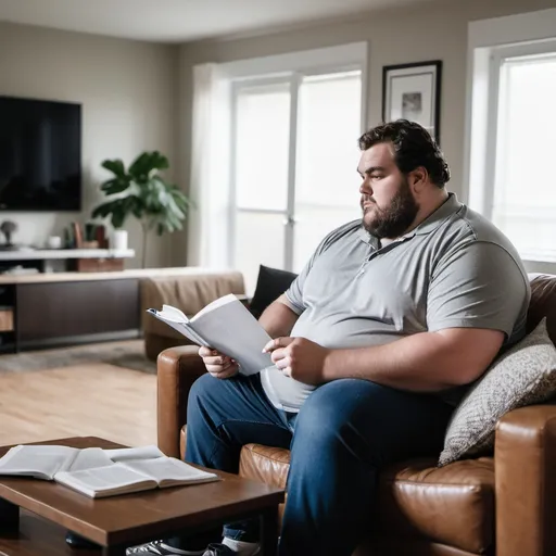 Prompt: Large man sitting on a couch in a living room, studying while watching TV