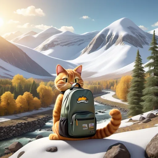 Prompt: photorealistic, a cute (Garfield cat) standing majestically atop a mountain, (schoolbag) on his back, gazing at stunning (snow-capped mountains) beyond, next to an off-road vehicle, serene (river) winding through the foothills, bordered by a vibrant (forest), crisp sunlight illuminating the scene, peaceful ambiance, ultra-detailed, HD.