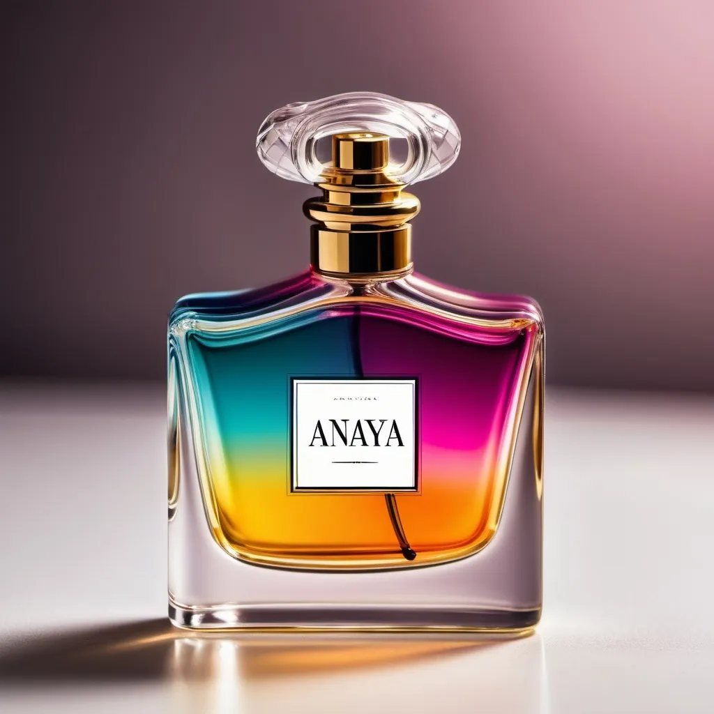 Prompt: A picture of beautiful coloured perfume bottle having name as Anaya in stylish letters