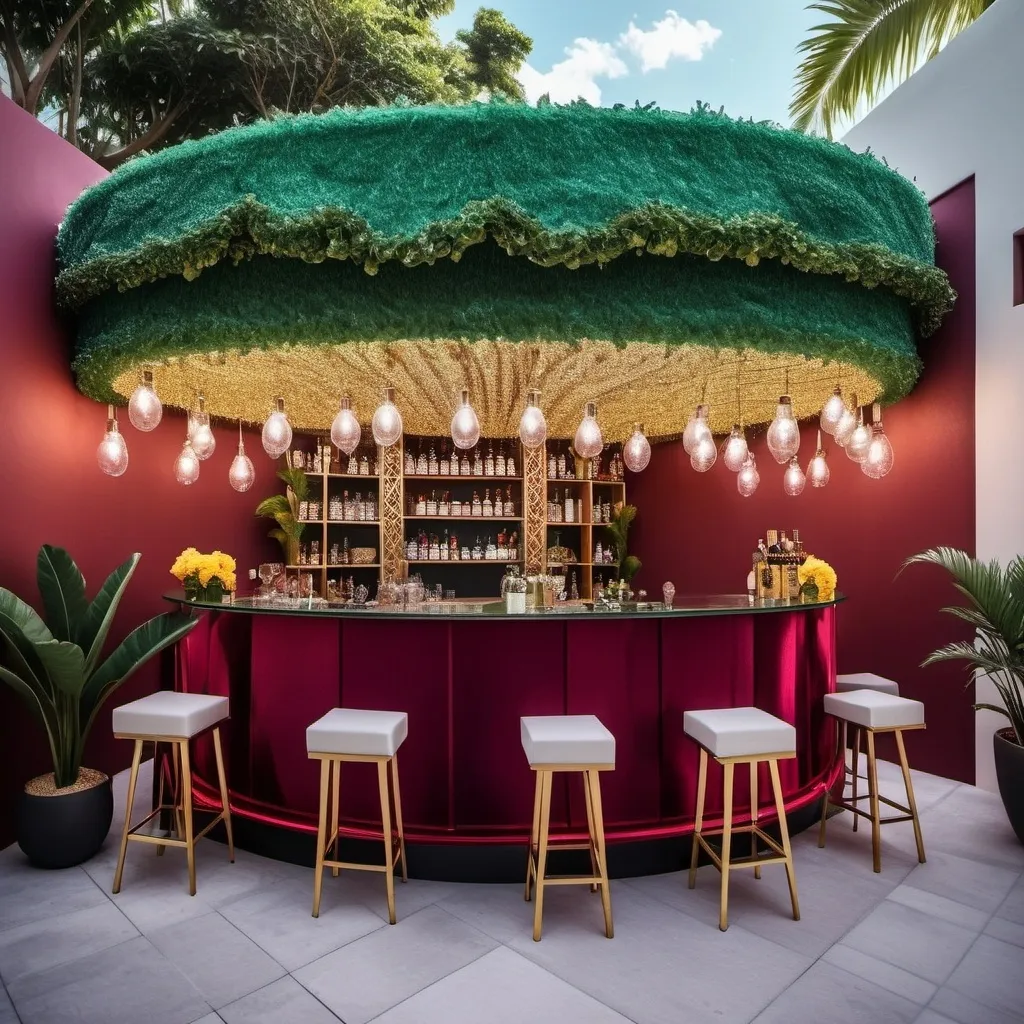 Prompt: create an outdoor bar design for a Latino inspired party. The Render should be at night. The design should be sleek, sensual, elegant, creative and Latino inspired. 
The bar should NOT have stools. the bar should not have closed walls.
The color inspiration is deep green, red wine and hints of yellow.