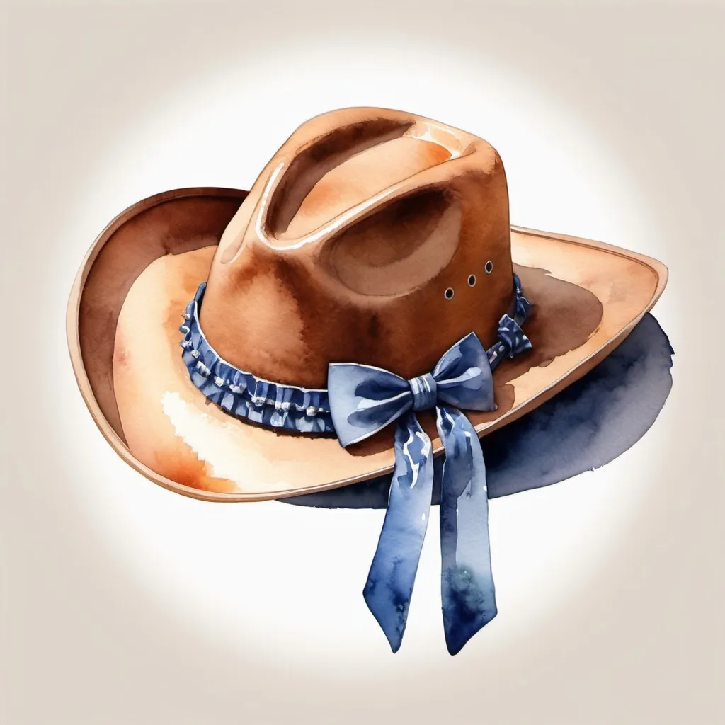 Prompt: make an image of a cowboy hat with a bow on it. It should look like watercolor art 


