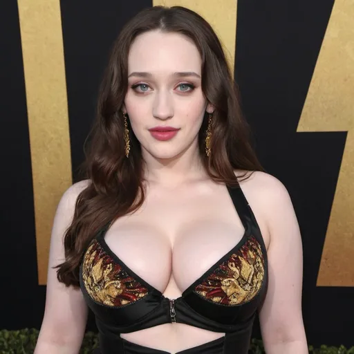 Prompt: Katt Dennings, revealing extra large cleavage and wearing exotic outfit, plumb, gushing out, coquettish, brallet, slinky,