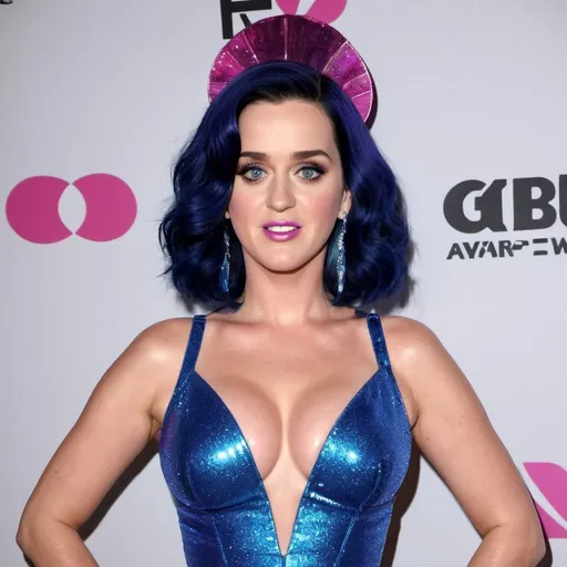 Prompt: Katy Perry, electric blue bright neon hairs, revealing extra large cleavage and wearing exotic outfit classy glittery shiney, plumb, gushing out, coquettish, 90d cup,