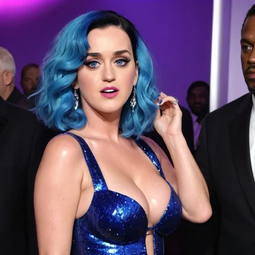 Prompt: Katy Perry, ultra blue colored bright neon hairs, revealing extra large cleavage and wearing exotic outfit classy glittery shiney, plumb, gushing out, coquettish, 90d cup,