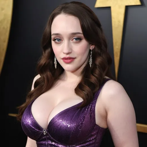 Prompt: Katt Dennings, revealing extra large cleavage and wearing exotic outfit classy glittery shiney, plumb, gushing out, coquettish, brallet, slinky,