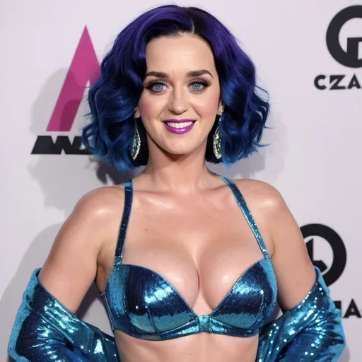 Prompt: Katy Perry, blue neon hairs, revealing extra large cleavage and wearing exotic outfit classy glittery shiney, plumb, gushing out, coquettish, 