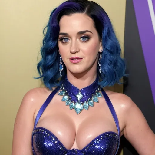 Prompt: Katy Perry, ultra blue neon hairs, revealing extra large cleavage and wearing exotic outfit classy glittery shiney, plumb, gushing out, coquettish, 90d cup, brallet, corset, slinky,