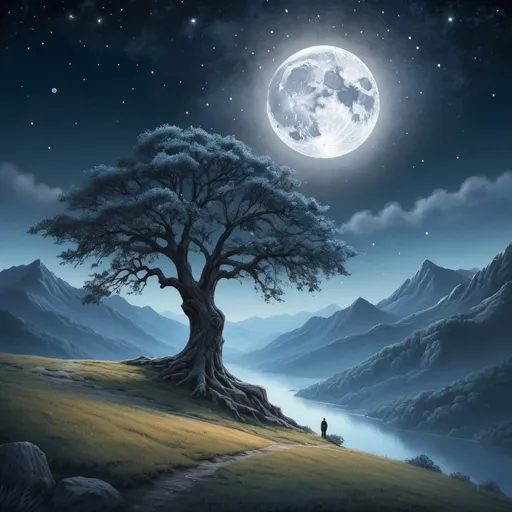 Prompt: Peaceful night scene with a lone figure under a majestic tree, big moon, starlit mountain landscape, serene atmosphere, high detail, digital painting, peaceful and tranquil, cool tones, starlit sky, majestic tree, detailed landscape, serene moonlit night