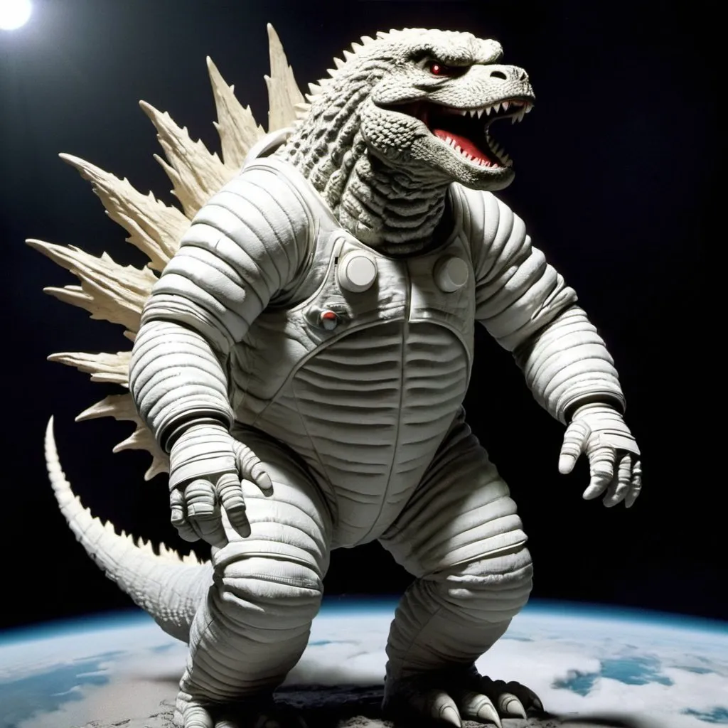 Prompt: Astronaut godzilla angry with back spines