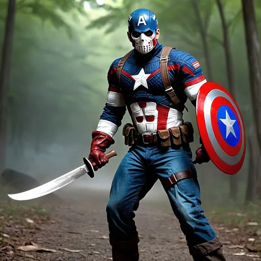 Prompt: Jason vorhees Captain America with machete 