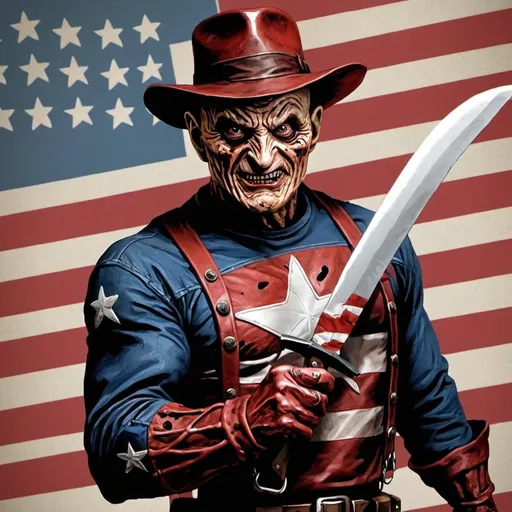 Prompt: Freddy Krueger Captain America with machete flag 