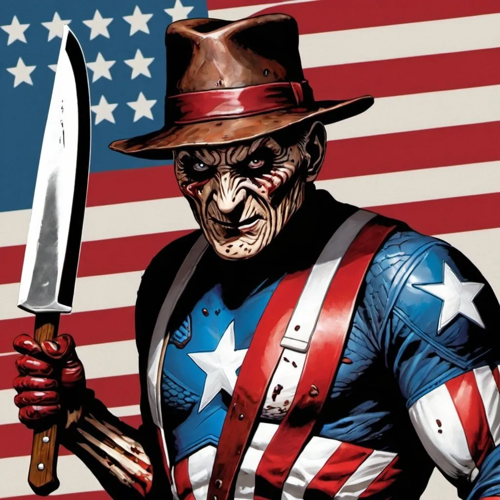 Prompt: Freddy Krueger Captain America with machete flag 