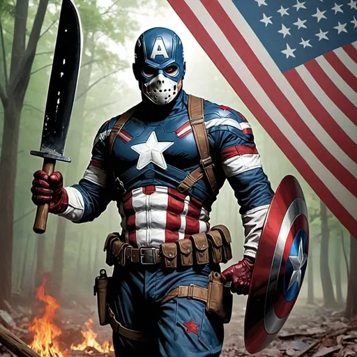 Prompt: Jason vorhees Captain America with machete flag 