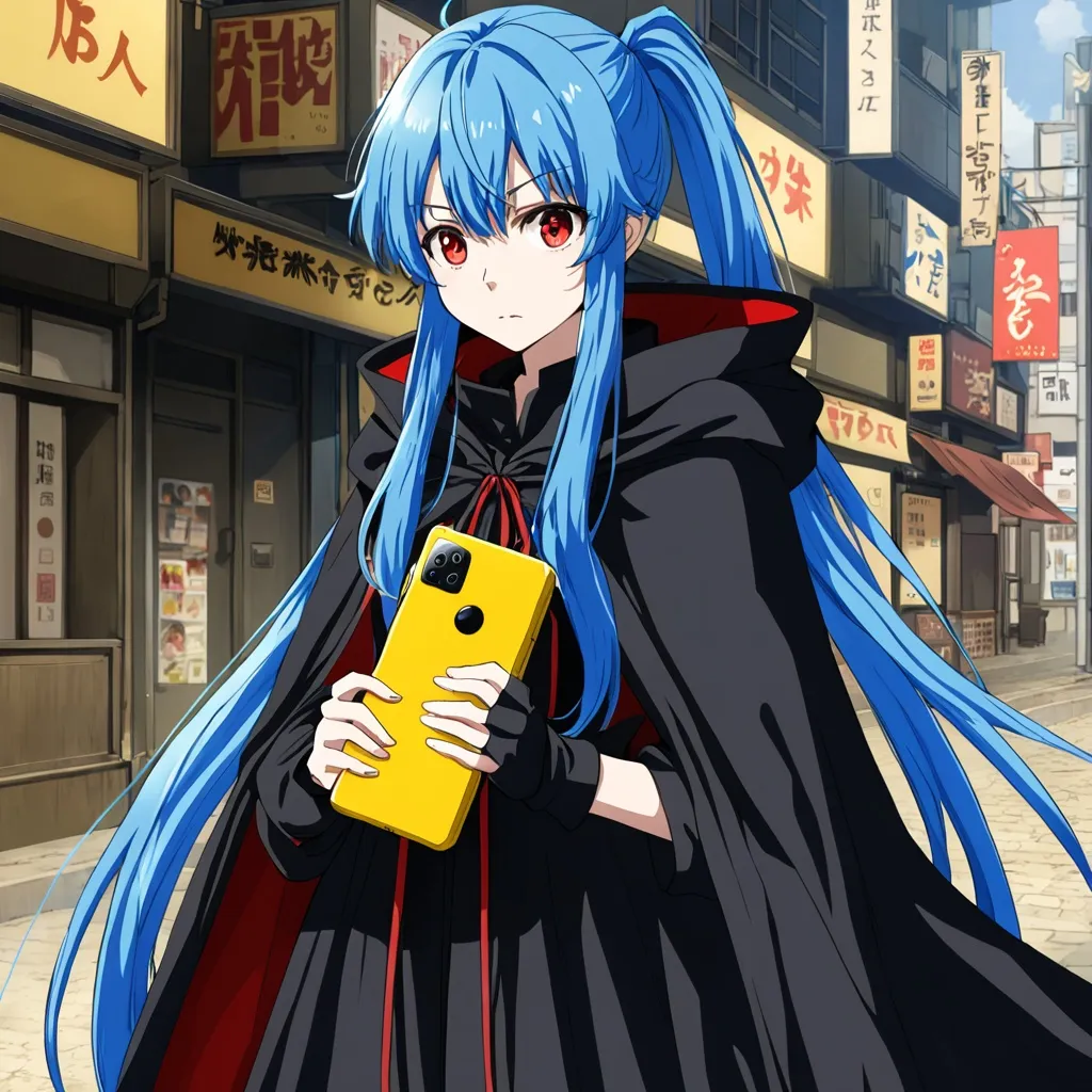 Prompt: Anime blue hair ponytails red eyes yellow phone black cloak 