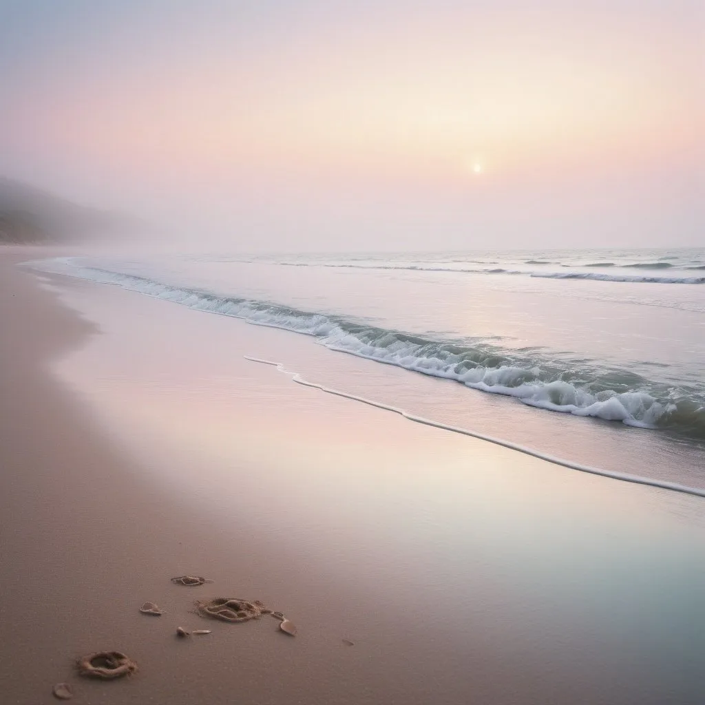 Prompt: Calm, dreamy beach scene at dawn, child's eye view, misty atmosphere, tranquil sea, sandy shore, soft pastel tones, hazy lighting, high quality, detailed fog, peaceful, serene, nostalgic, beach, dawn, misty, dreamy, tranquil, pastel tones, calm seas