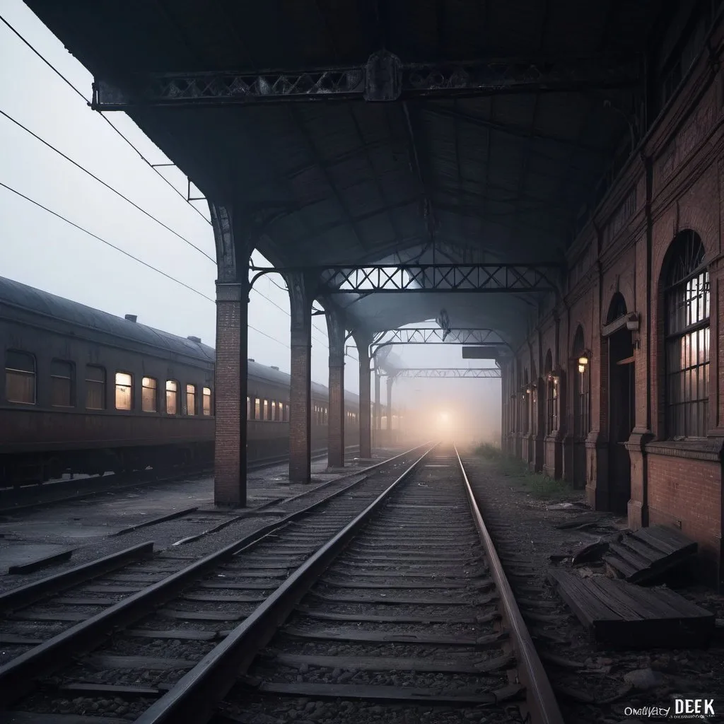 Prompt: Abandoned dirty train station at dusk, fog, eerie atmosphere, high quality, detailed, realistic, dark tones, atmospheric lighting, industrial, urban decay