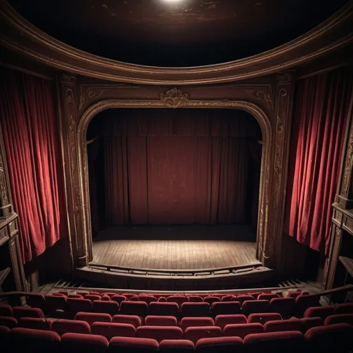 Prompt: Abandoned empty, dirty theater view from the highest seats at an angle, wooden brown stage floor, thick crimson curtains, vintage, eerie, high contrast shadows, detailed textures, atmospheric lighting, dark tones, high quality, realistic, dramatic lighting