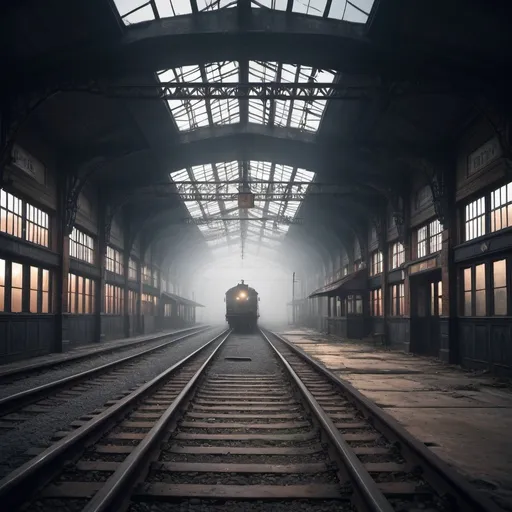 Prompt: Abandoned dirty train station at dusk, fog, eerie atmosphere, high quality, detailed, realistic, dark tones, atmospheric lighting, industrial, urban decay