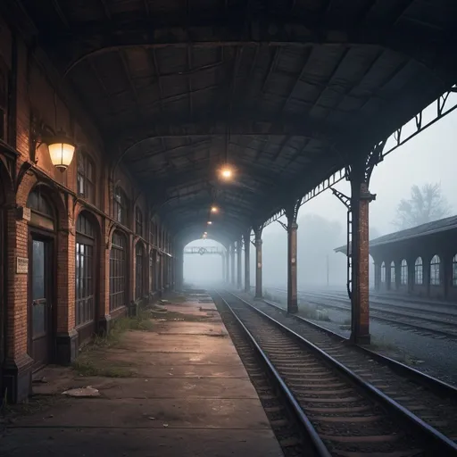 Prompt: Abandoned dirty train station at dusk, fog, eerie atmosphere, high quality, detailed, realistic, dark tones, atmospheric lighting, industrial, urban decay