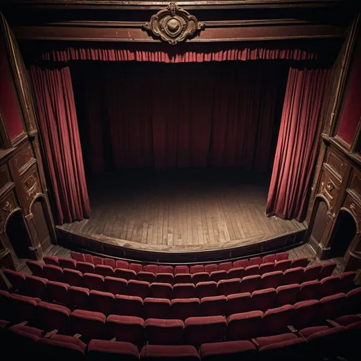 Prompt: Abandoned empty, dirty theater view from the highest seats at an angle, wooden brown stage floor, thick crimson curtains, vintage, eerie, high contrast shadows, detailed textures, atmospheric lighting, dark tones, high quality, realistic, dramatic lighting