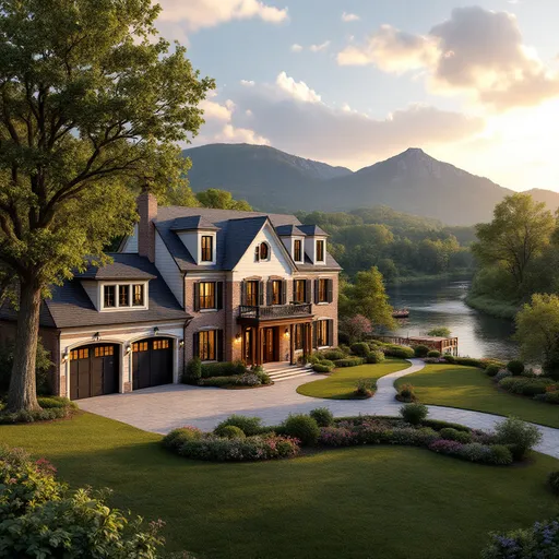 Prompt: "A grand American-style suburban house with classic architectural elements, featuring three levels (including an attic/roof level), situated on a gentle hill overlooking a serene river. The exterior has a mix of brick and white siding, with black shutters, a covered front porch with wooden columns, and a stone pathway leading to the entrance. Two large car garages (either attached or detached) with modern doors flank one side of the property. The house is surrounded by a lush green lawn, mature oak trees, and vibrant flower beds. In the background, a winding river reflects the sunlight, bordered by dense greenery and a small wooden dock. The sky is partly cloudy with a warm golden-hour glow, enhancing the peaceful, picturesque setting. Ultra-realistic, 4K, highly detailed, cinematic lighting." add the garage doors too, and the mountain behide the house by the river, in the morning
