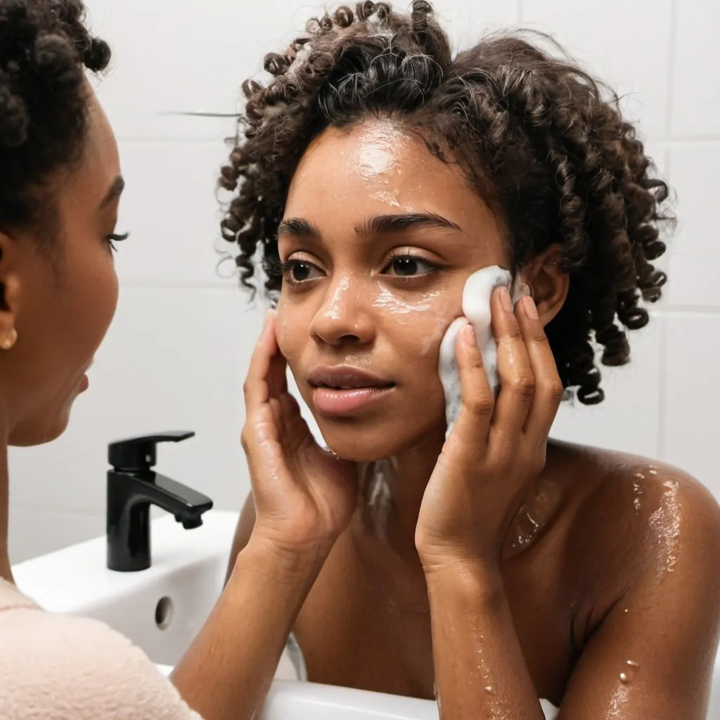 Prompt: A black woman with curly hair washing her face with soap