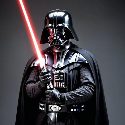 Prompt: Darth Vader holding his lightsaber 
