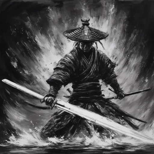 Prompt: <mymodel>Monochrome oil painting of a samurai wielding a dual-natured sword, half engulfed in fiery blaze, half drenched in cool water, high contrast, detailed brushwork, dynamic lighting, monochrome, oil paint-style, fiery blaze, cool water, high quality