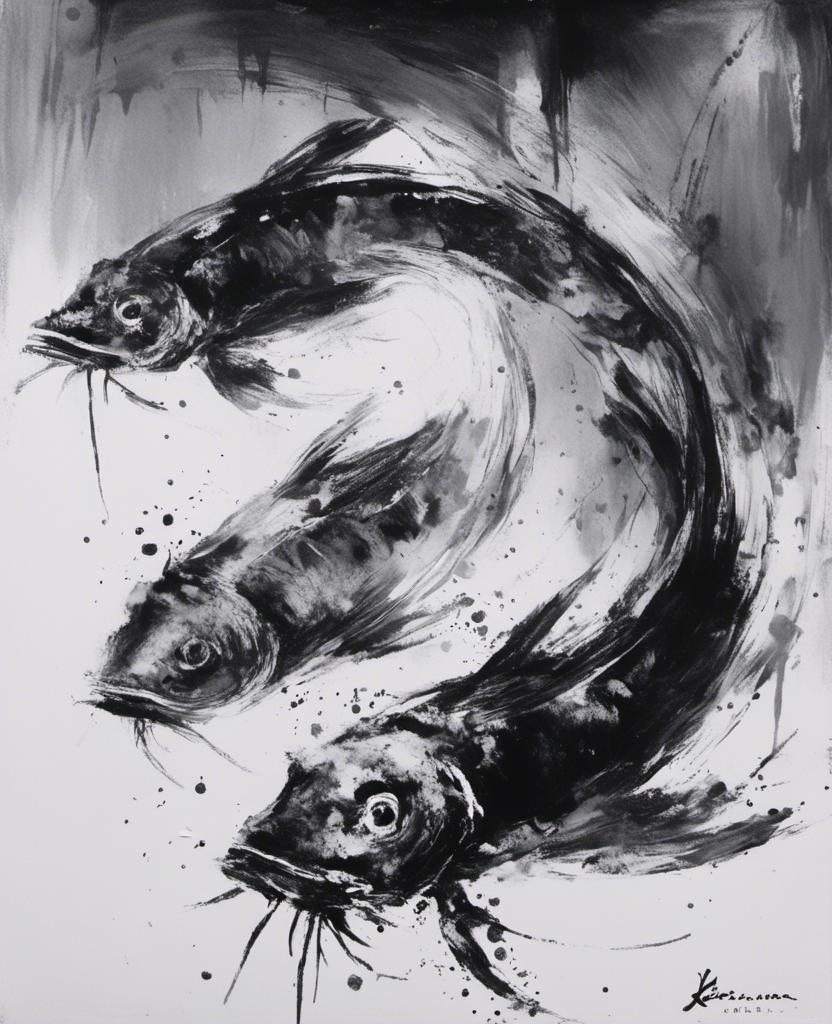 mymodel> Koi fish in a pond Monochrome, oil paint,...