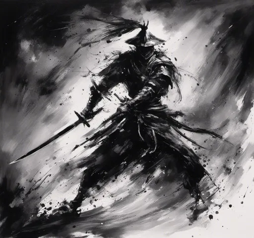 Prompt: <mymodel> a samurai with lightning coming off of its sword as it is attacking
Monochrome, oil paint, brush strokes, high quality