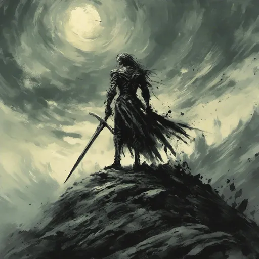 Prompt: <mymodel> 
A man on a hill holding a sword up high like a hero would with cool affects surrounding him